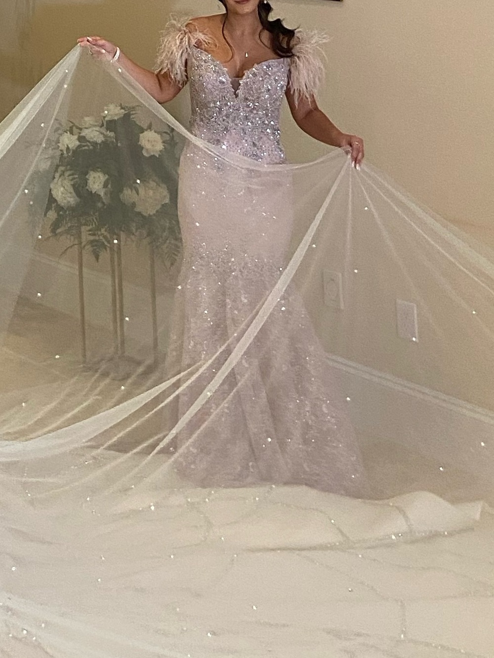 Mac Duggal Sparkling Light Pink Beaded Evening Gown with Feathered Shoulders
